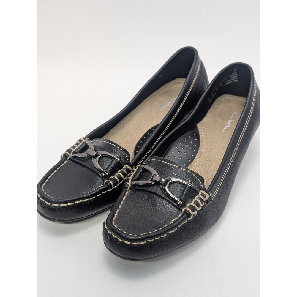 Thom McAn Francis Womens Black Leather Bit Loafer Block Heel Shoes 7.5W 30424
